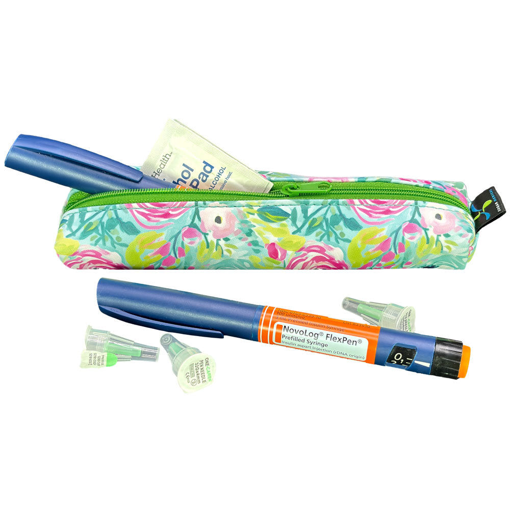 Floral-patterned MedMate GLP-1 / Insulin Pen Case with a blue zipper open with insulin pen coming out. 