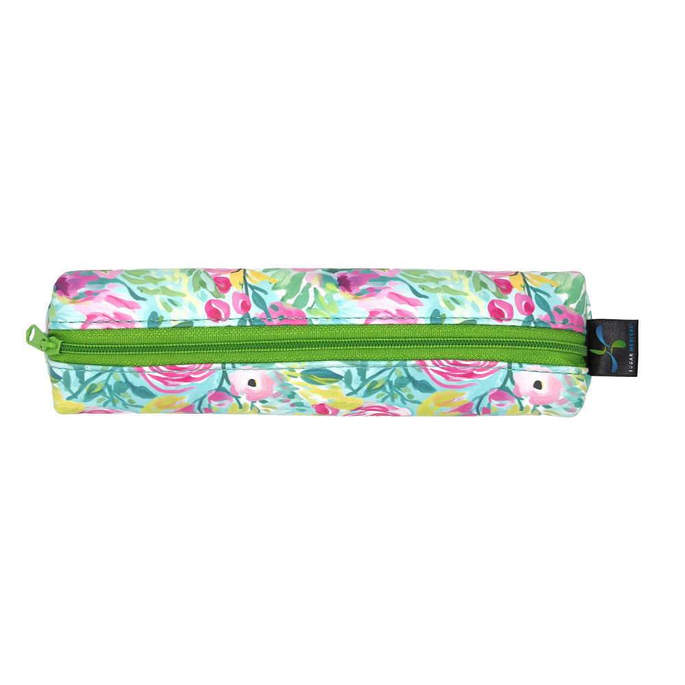 Pink and green Floral-patterned MedMate GLP-1 / Insulin Pen Case with a blue zipper on a white background 