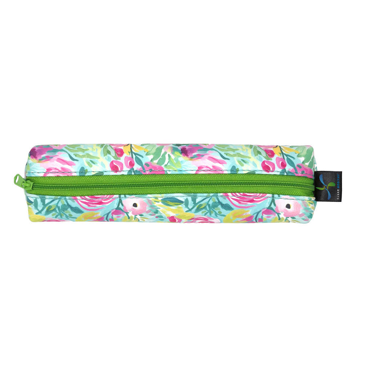 Pink and green Floral-patterned MedMate GLP-1 / Insulin Pen Case with a blue zipper on a white background 