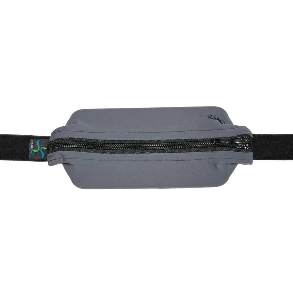 Dark grey with black zipper spibelt zipped closed with insulin pump inside and a small Sugar Medical logo tag.