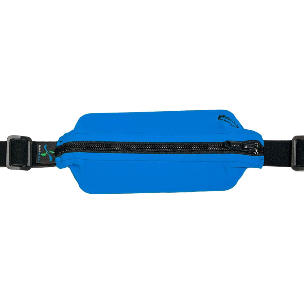 Turquoise waist belt zipped closed with black zipper and black elastic waist band.