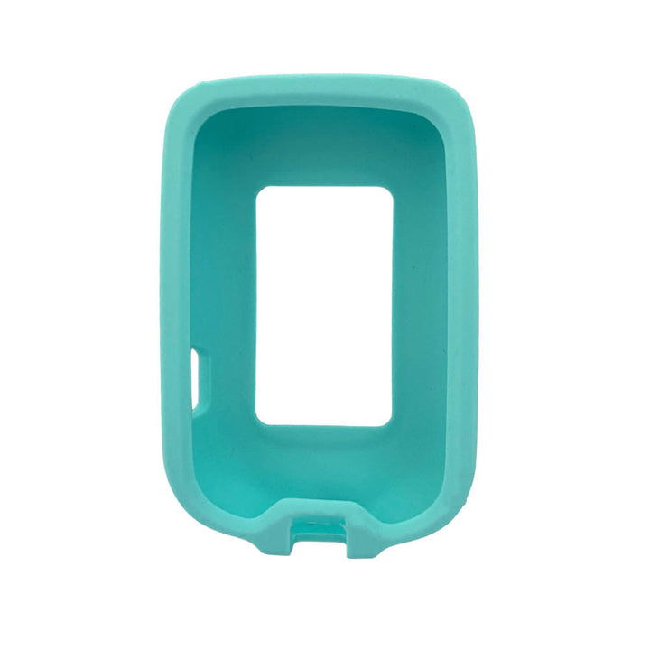 Aqua colored silicone gel cover shown empty with cut out for front of device and cut-out on back of device.