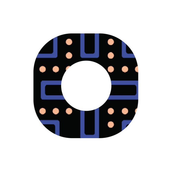 Adhesive tape with a black background and blue maze-like grid divided into sections, with pink dots scattered throughout