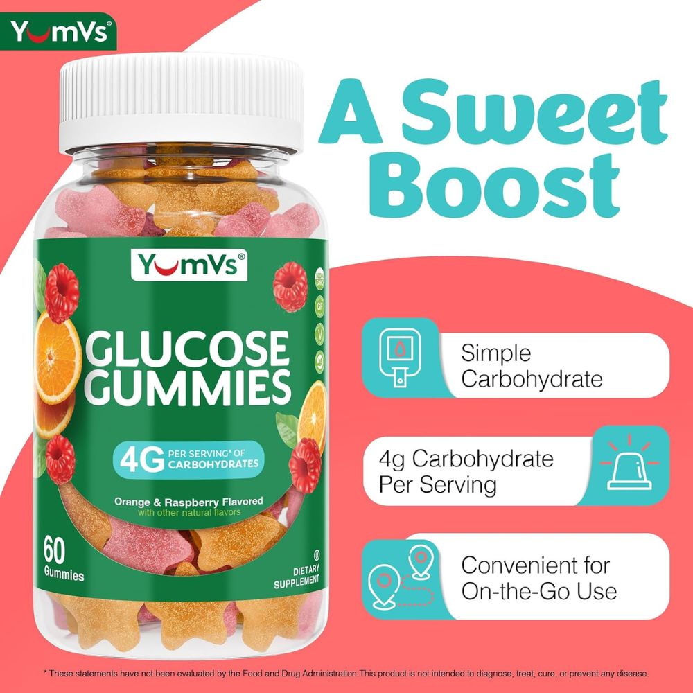 YumVs Glucose Gummies packaging with product details on a pink background