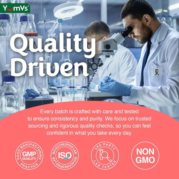 Two scientists in a lab with 'YumVs' branding and text about quality and certification.