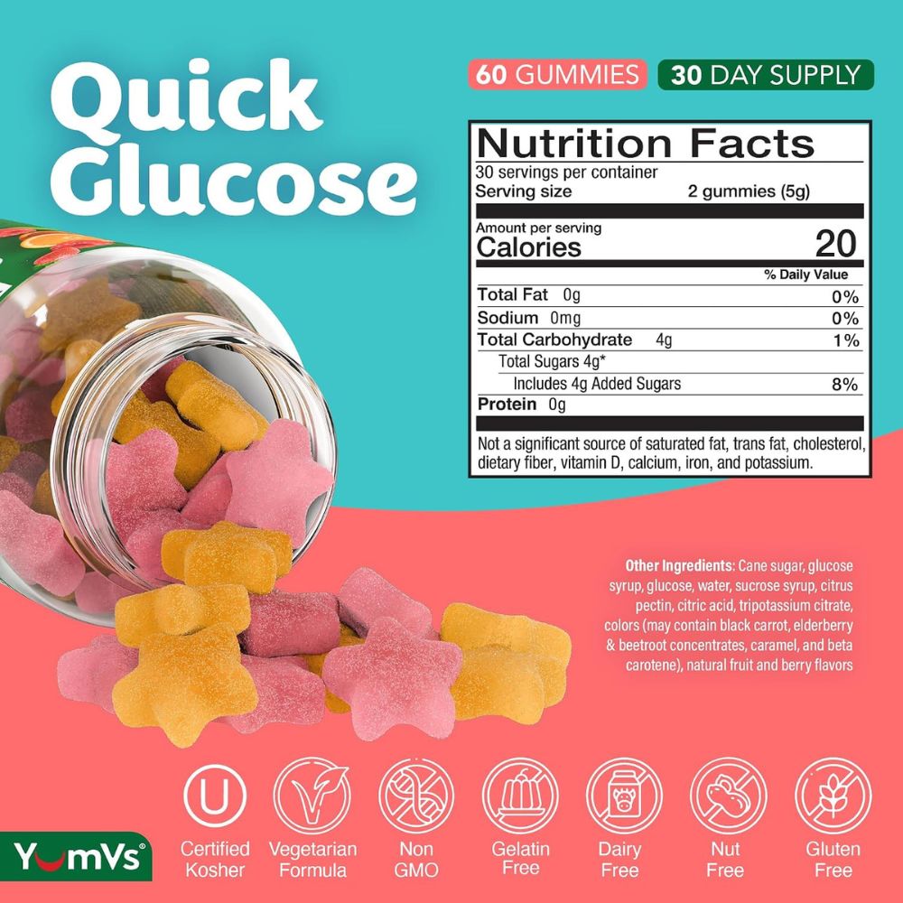 Quick Glucose gummy candy packaging graphic showing a jar of star-shaped gummies, a nutrition facts panel, flavor text, and certification icons on a teal and coral background.