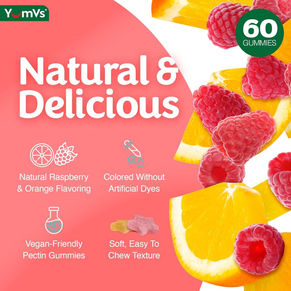 Promotional graphic for YumVs pectin gummies, featuring a coral pink background with large white text reading 'Natural & Delicious,' icons for natural raspberry and orange flavoring, no artificial dyes, vegan-friendly pectin, and soft chew texture, alongside floating raspberries and orange slices. A green badge says '60 Gummies.