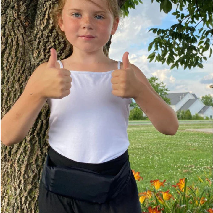 Girl wearing a kids' black Bandi Wear Pocket Belt, designed for comfort and practicality, offering a hands-free solution to carry essentials.