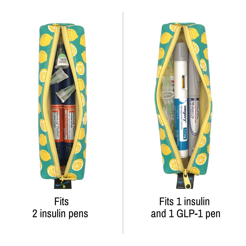 Lemon-patterned pen case with insulin and GLP-1 pens inside, showing capacity for multiple pens.