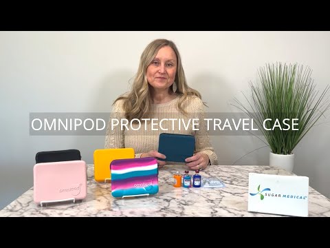 A woman introduces and showcases the five vibrant color options of the Omnipod Travel Proactive Case, holding each case to display the variety available.