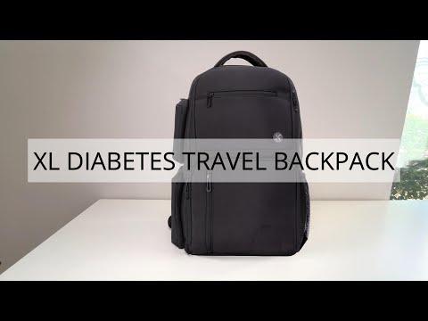 A large, durable backpack designed to store diabetes supplies. The bag features multiple compartments, including a main section for larger items and smaller pockets for organization. It has adjustable straps for comfortable wear, a sturdy handle for easy carrying, and a sleek, professional design in a neutral color. Perfect for organizing diabetes-related equipment such as glucose meters, test strips, insulin, and other essential items.