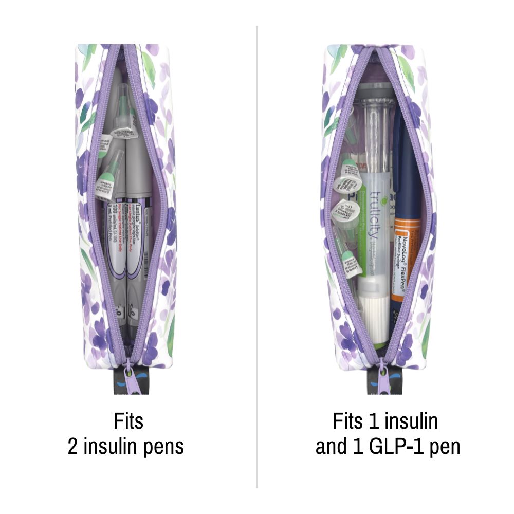 Floral-patterned pen case with insulin and GLP-1 pens inside, showing capacity for multiple pens.