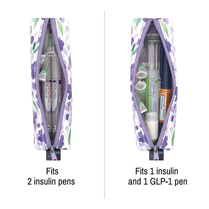 Floral-patterned pen case with insulin and GLP-1 pens inside, showing capacity for multiple pens.