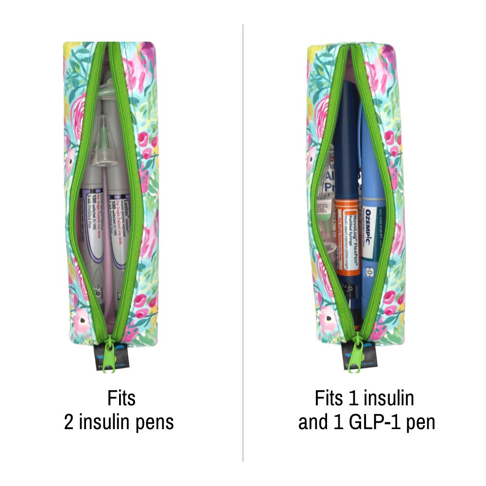 Floral-patterned pen case with insulin and GLP-1 pens inside, showing capacity for multiple pens.