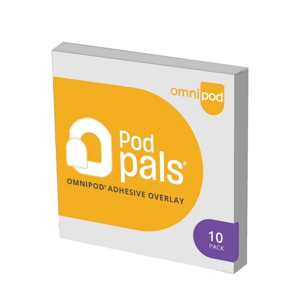 A square box of Omnipod Pod Pals containing 10 white Omnipod adhesive overlays.