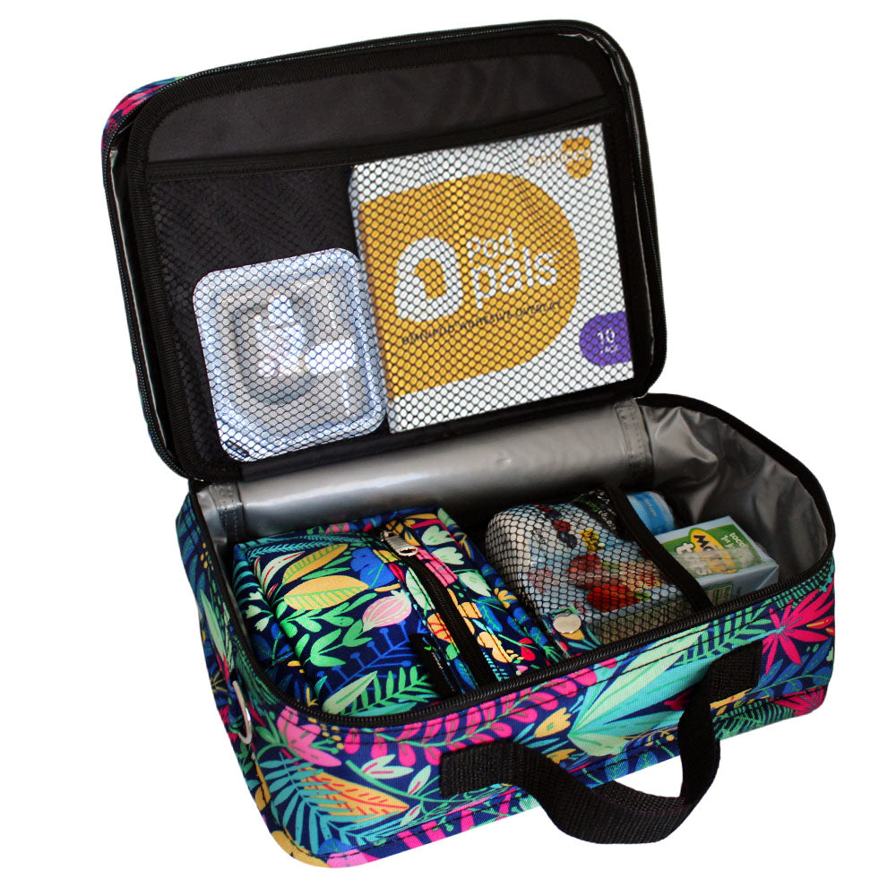 Diabetes Insulated Travel Bag in Blue Floral back compartment for a glucagon kit, Omnipod supplies, extra pods, snacks, glucose tablets, and includes a removable pouch. 