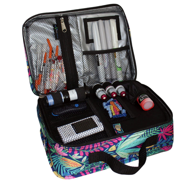 Diabetes Insulated Travel Bag in Blue Floral front section has pockets for glucose meter and lancing device and loops for insulin vials and pocket for insulin pens. 