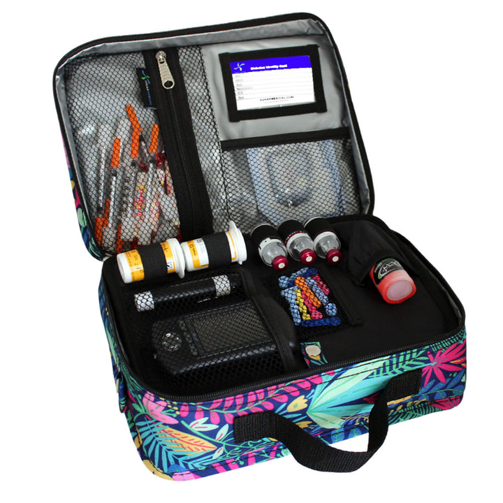 Diabetes Insulated Travel Bag in Blue Floral front section has pockets for glucose meter and lancing device and loops for insulin vials and pocket for insulin pens. 
