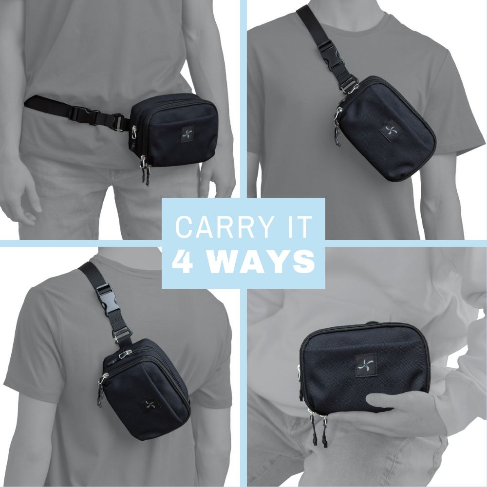 Diabetes Insulated Convertible Belt Bag in Ocean opened in women's lap showing insulated pocket with tandem pump supplies in it. 