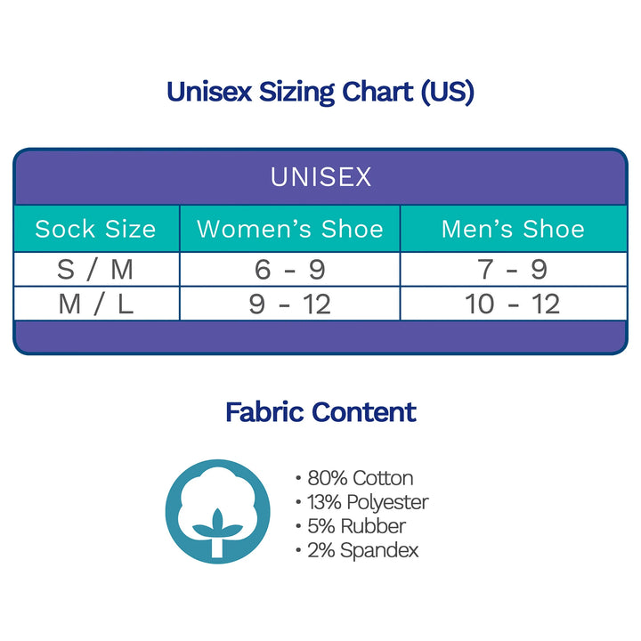 Size chart for Dr. Segal's Diabetes socks.  Small/Medium fit women's 6-9 and men's 7-9. 