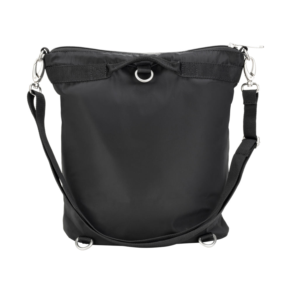 Diabetes Nylon Backpack in black back with shoulder strap attached. 