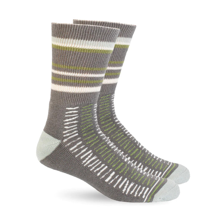 Diabetes mid-calf non-binding socks in grey with white and green stripe accents.