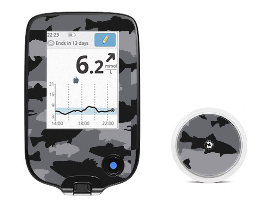 A fun sticker that has black and grey fish in a camouflage pattern on the Libre device and does not obstruct buttons or sensors. 