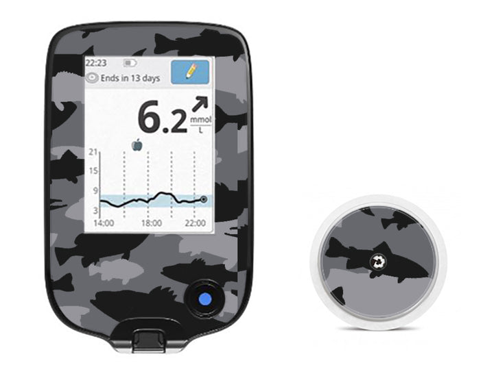 A fun sticker that has black and grey fish in a camouflage pattern on the Libre device and does not obstruct buttons or sensors. 