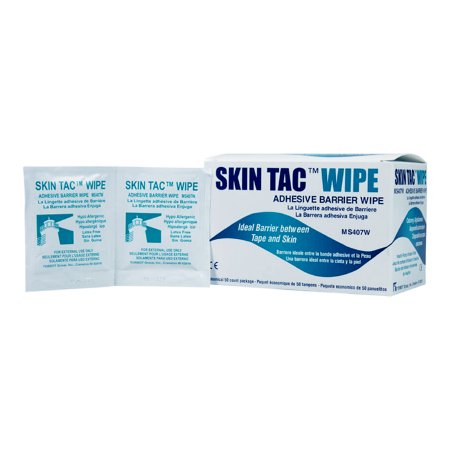 A box of 50 Skin Tac adhesive barrier wipes and two of the individual packets to the left of the box