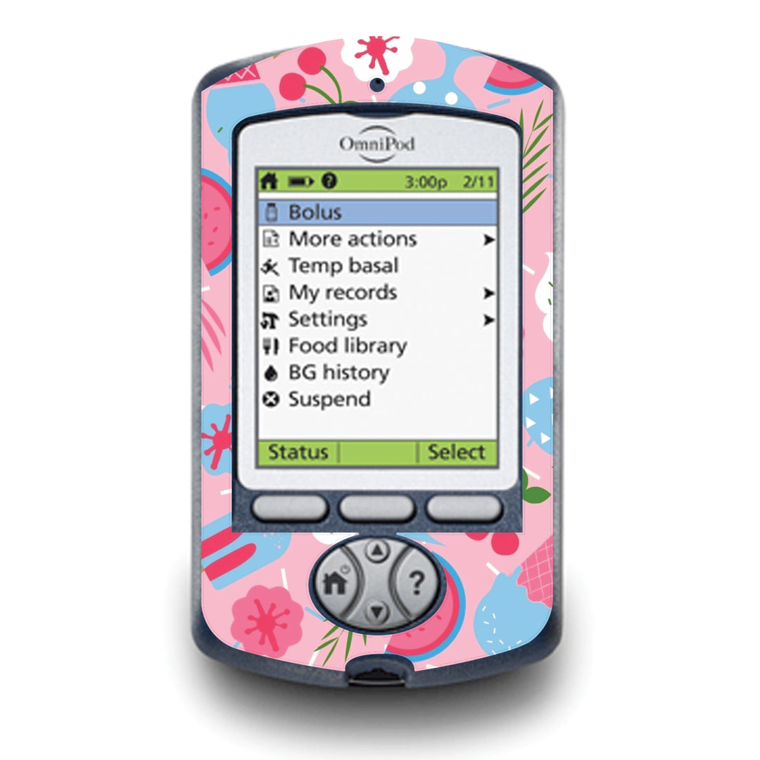 A fun sticker that has pink and pastel-colored ice cream and fruit in a random pattern on the Omnipod PDM device and does not obstruct buttons or sensors.
