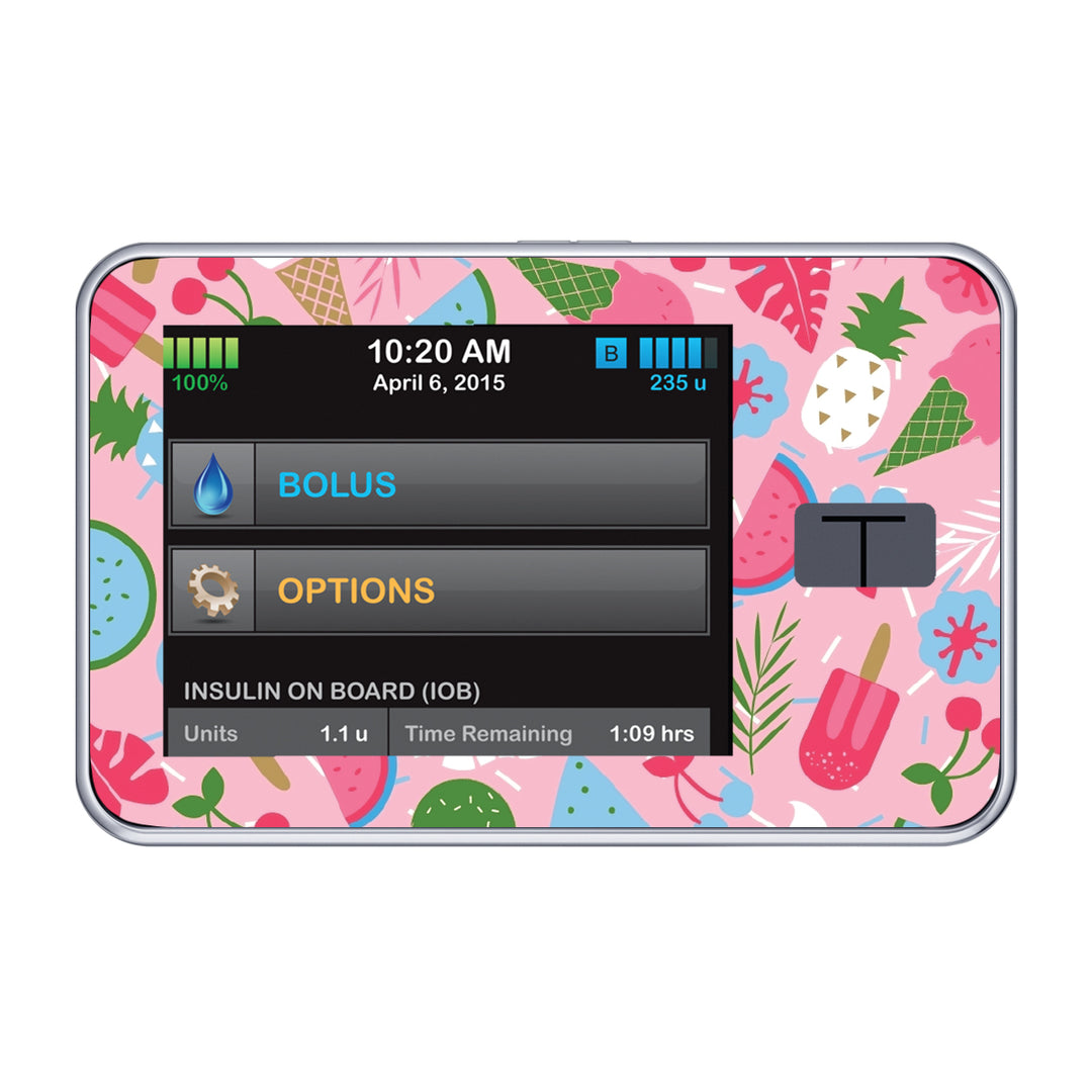 A fun sticker that has pink and pastel-colored ice cream, popsicles, and fruit in a random pattern on the Tandem t-slim insulin pump