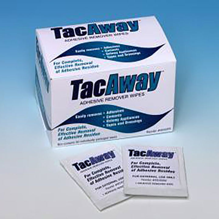 Box of 50 TacAway Adhesive Remover Wipes. 