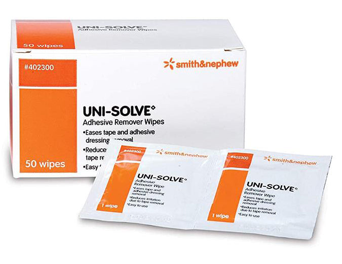 Box of 50 individual packets of Adhesive Remover UniSolve Wipes dissolves adhesives reducing trauma to the skin caused by frequent or aggressive tape adhesion.
