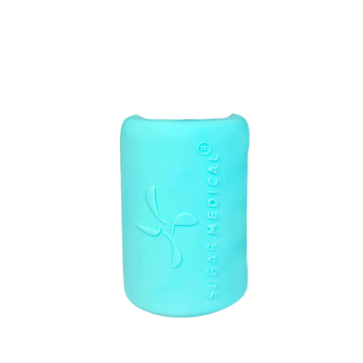 Back side view of aqua insulin vial silicone protective sleeve with sugar medical logo.