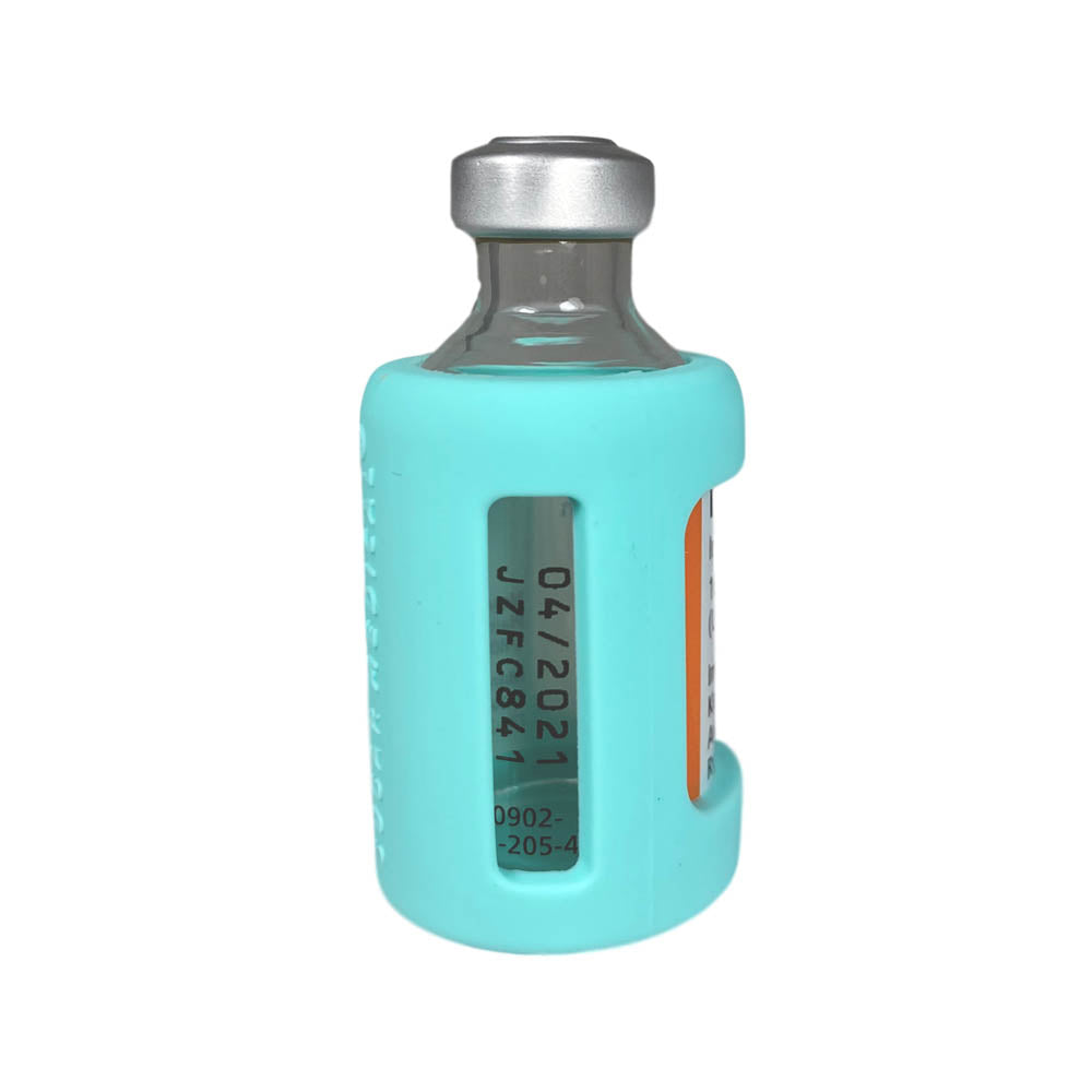 Side view of aqua insulin vial silicone protective sleeve with expiration date window.