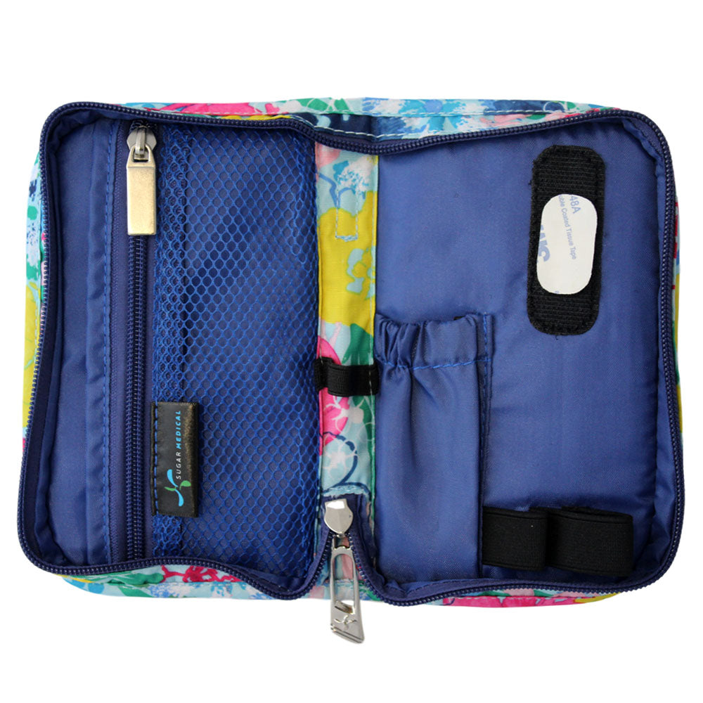 Sugar Medical Diabetes Supply Case II light blue with flowers inside with pockets and loops to organize your diabetic supplies. 